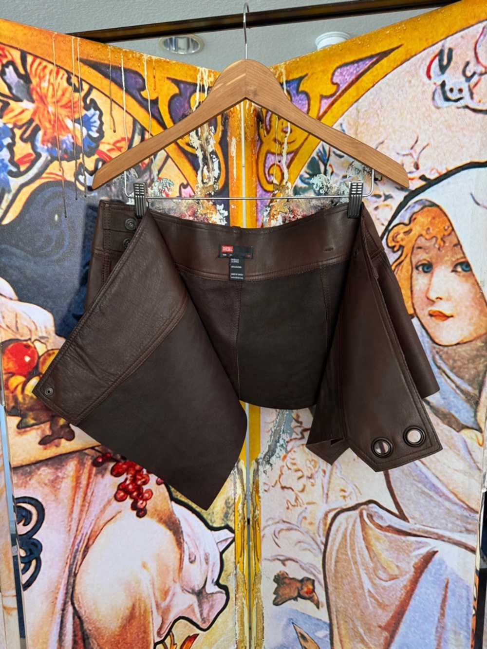 Diesel Vintage Chocolate Soft Leather Wrap Mini Skirt with Button Accent - Picture 6 of 17